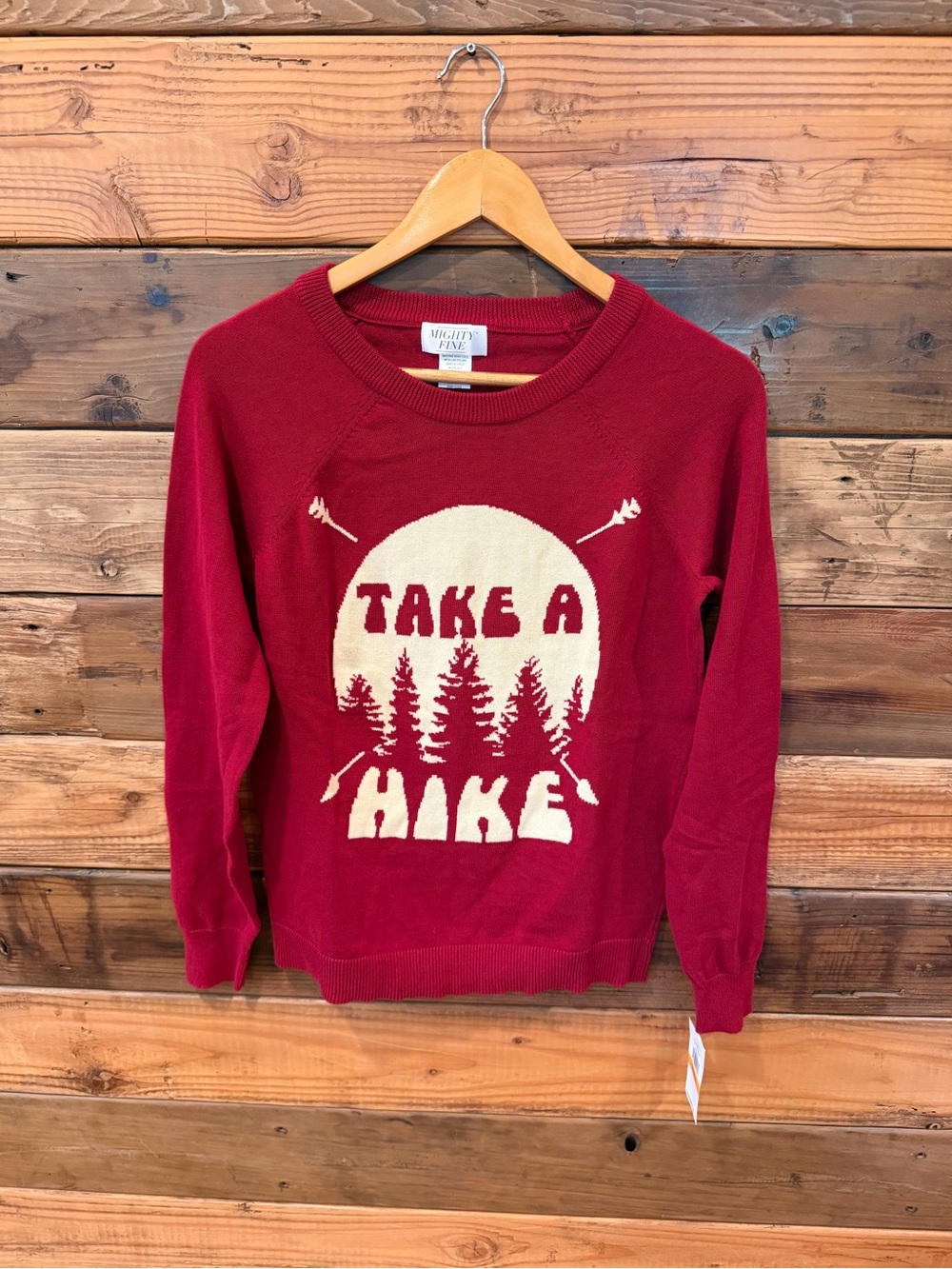 Mighty Fine Red Crewneck Sweater  with Take a Hike Cream Graphic - S